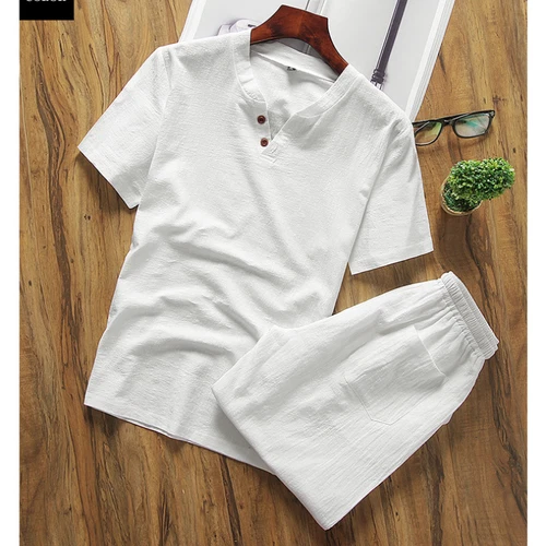 Herren Shorts Baumwolle Leinen Sommer Set 2er Set Kurzarm T-Shirt und Hose - Bild 20 von 30