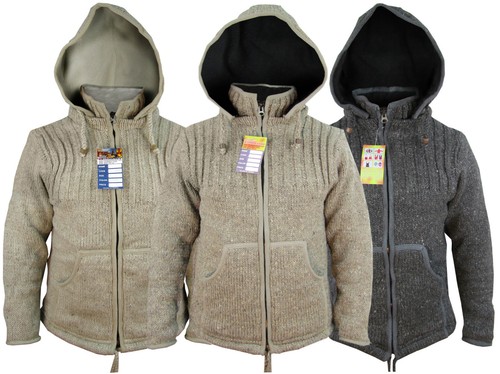 Hand-Knitted Nepalese Wool Jacket With Fleece Lining - Patchwork Stitch, Hooded, Sizes S-XL