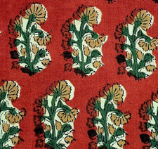 Red Floral By the Yard Indian Block Print Fabric for Sewing Dressmaking