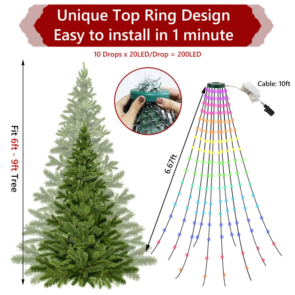 Christmas Tree Waterfall String Lights RGB Outdoor/Indoor Waterproof Smart Fairy - Image 2 of 4