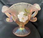 Fenton Sunset Pink Stretch Glass Dolphin Compote Iridescent Hand Painted #804