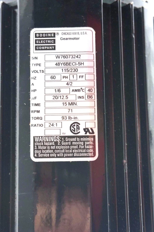 NEW BODINE ELECTRIC 48Y6BECI-5H GEARMOTOR 1/6 HP 71 RPM 48Y6BECI5H - Image 3 of 3