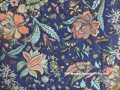 2.7m Flores Azul Mano Bloque Estampado Algodón Costura Confección Kimono Tela - Imagen 1 de 4