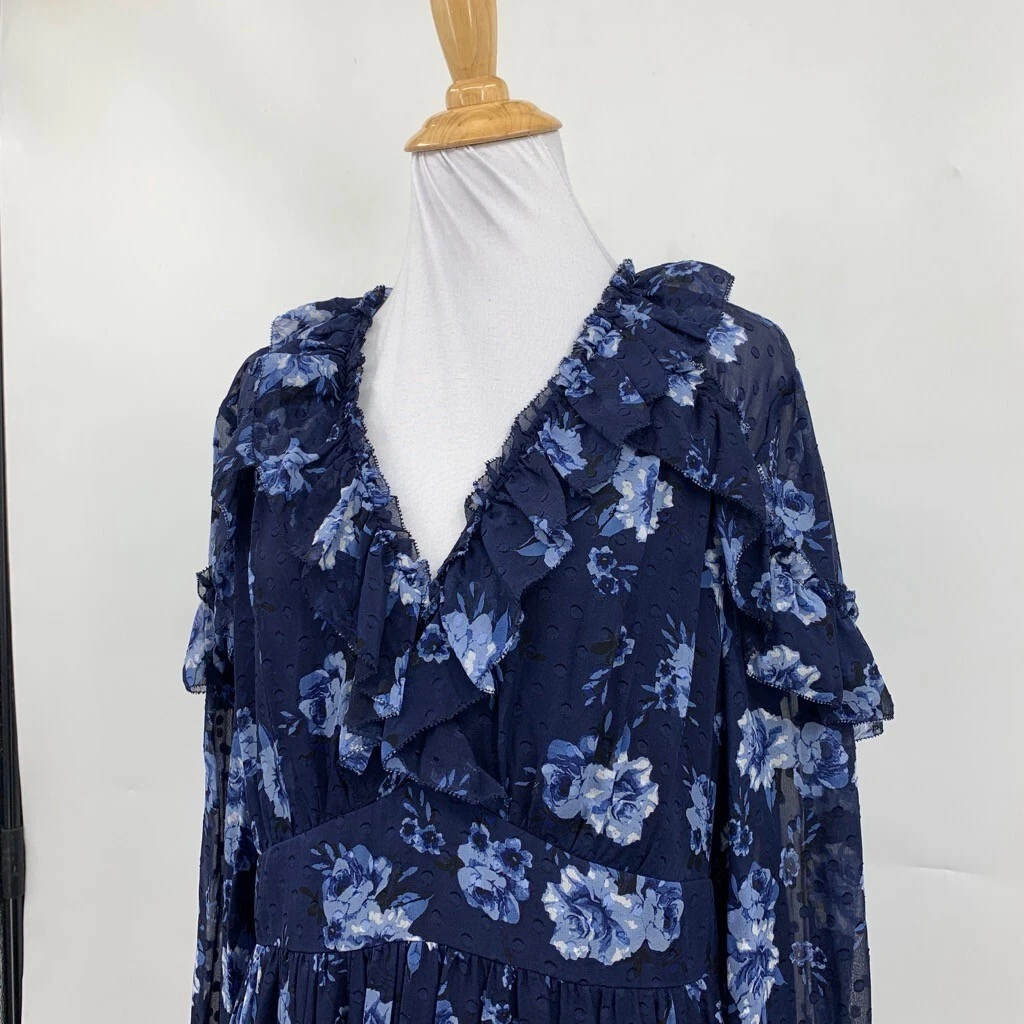 Abito donna Kate Spade 12 volant seta blu navy floreale maniche trasparenti a strati midi