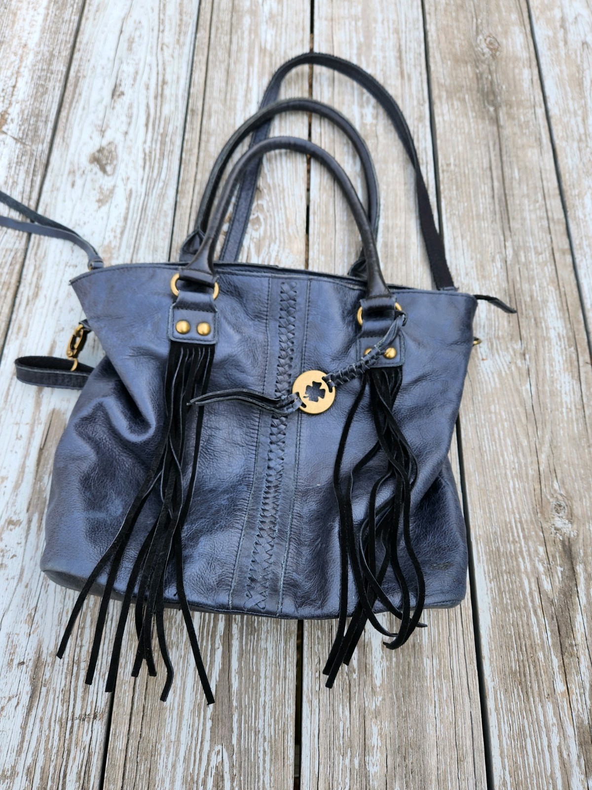 LUCKY BRAND Braided Black Leather Crossbody Shoulder Bag w/Tassel Accent Strap