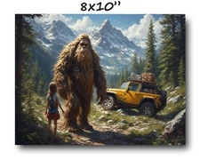vintage illustration sasquatch big foot little girl jeep mountains art print