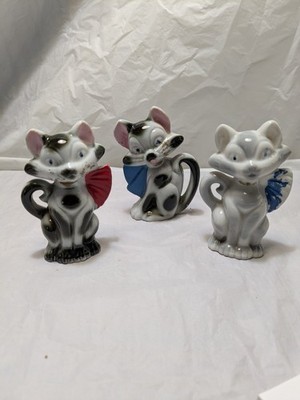 3 Antique Old Porcelain Long Tail Cats Kittens Japan Original Figurines Art Deco