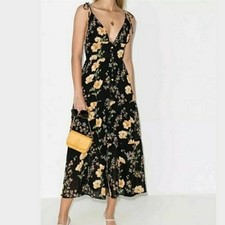 Reformation Jaden Floral Midi Dress Womens Black Yellow Smocked Tie Strap
