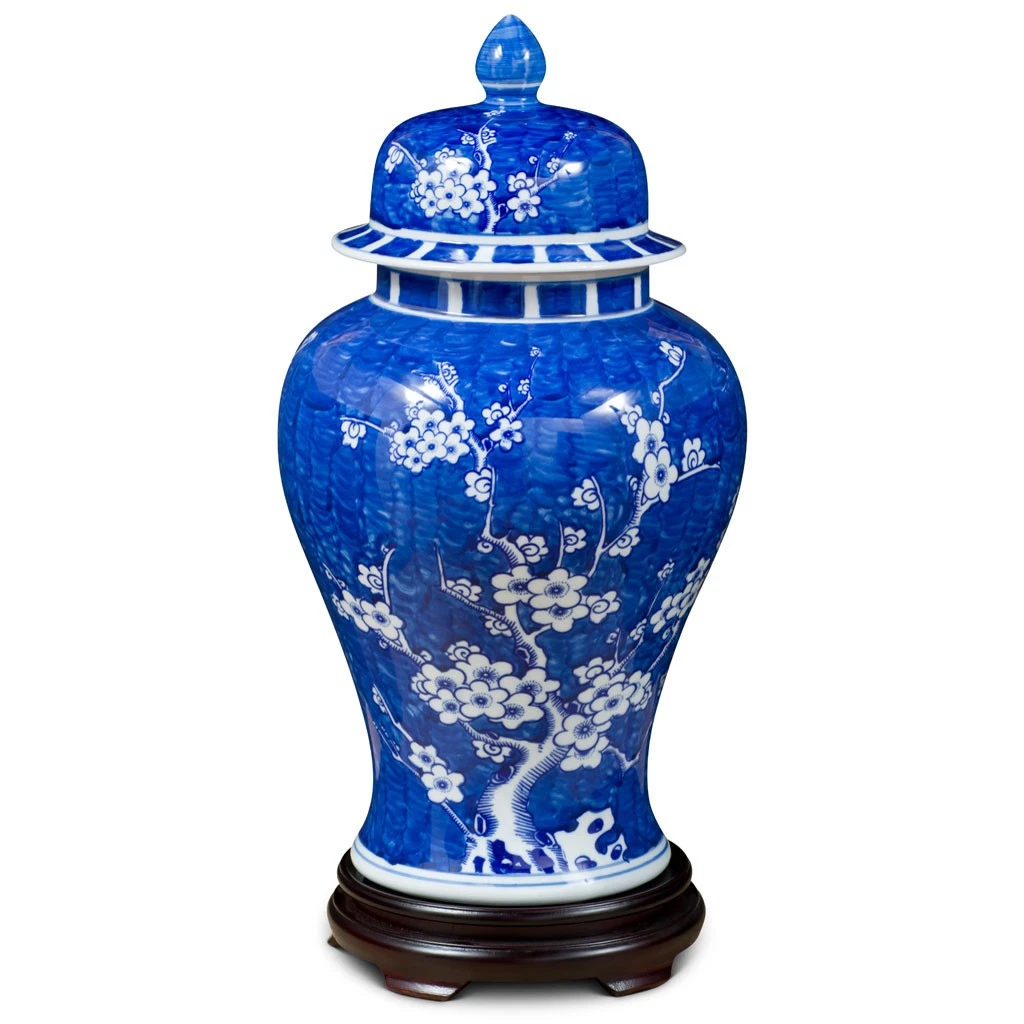 US Seller - Blue and White Cherry Blossom Motif Chinese Porcelain Ginger Jar