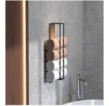 Wall-Mounted Towel Rack Black Iron Frame with Wooden Panel for Bathroom Kitchen