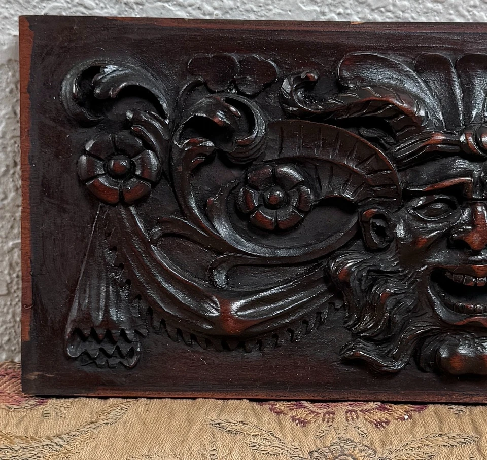 Antiguo panel floral caoba tallado siglo XIX hombre bestia renacimiento francés #2 Foto 3 de 4