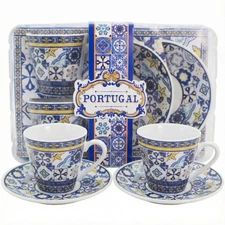 Portuguese Azulejo Espresso Cup & Saucer Set - Mixed Tile Design, Set of 2