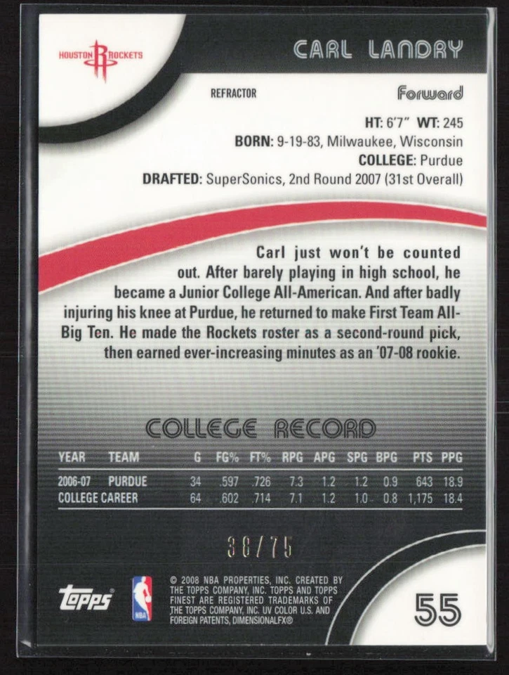 2007-08 Finest Refractors Black #/75 Carl Landry #55 Rookie Houston Rockets - Image 2 of 2