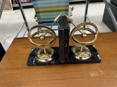 VTG  Set Brass Armillary Spheres Globe Roman Sundial Heavy black Marble Bookends