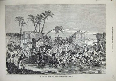 Original alter antiker Druck 1874 Rising Nile Egyptain Siers Breach River 19th