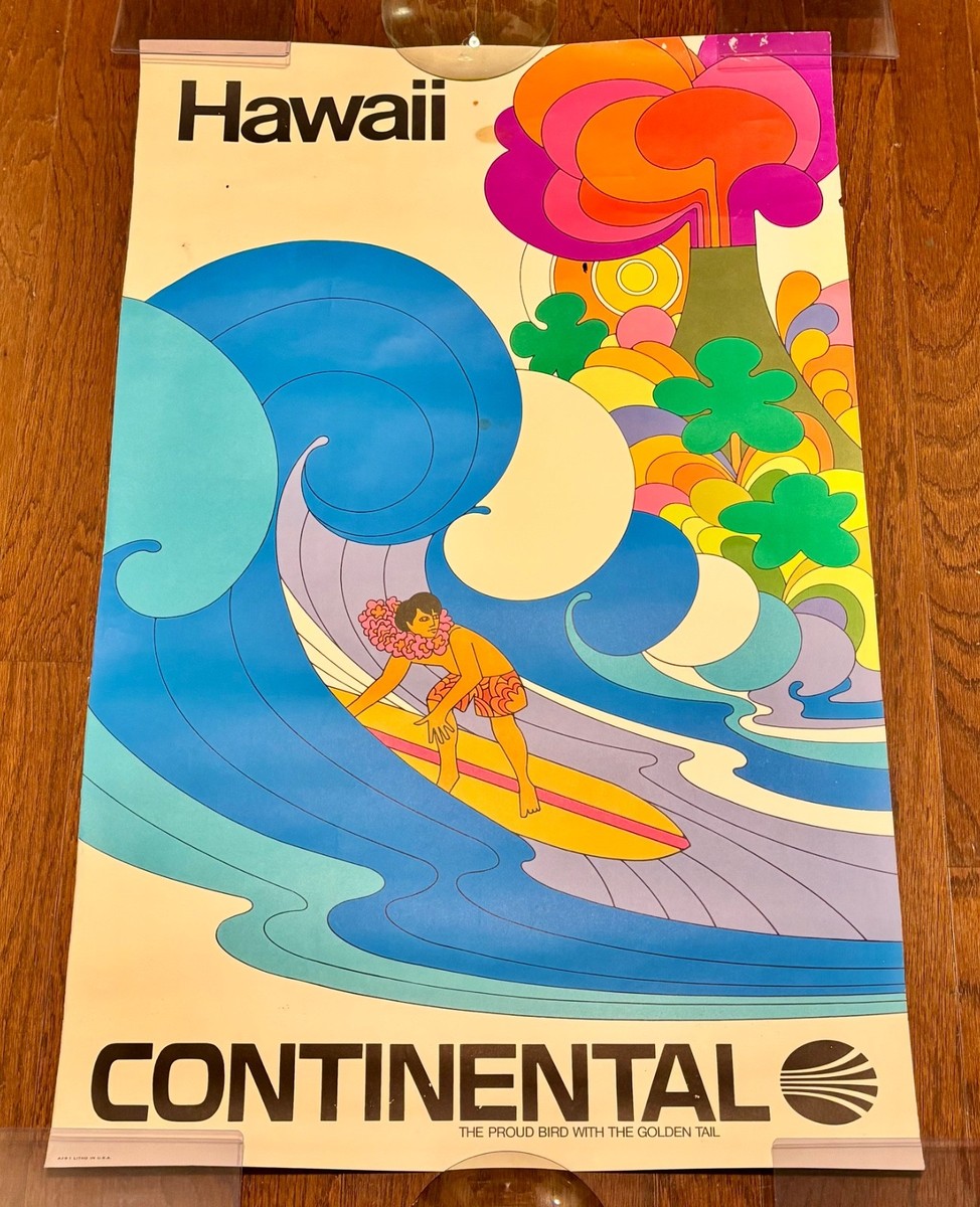 Hawaii コンチネンタル航空 ハワイ ピーターマックス ブランケット大判 Vtg 1969 Continental Airlines HAWAII Original Ad Poster SURFER
