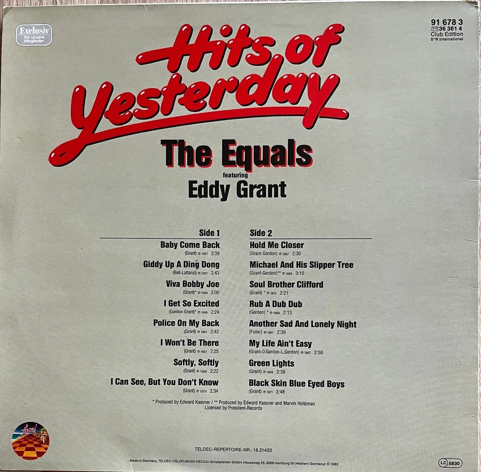 The Equals - Hits Of Yesterday, LP Vinyl 1982 Club Edition, Pop Vocal Eddy Grant - Bild 3 von 4