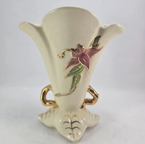 Hull 1950s Woodland Art Pottery Vase W-16 8.5" White with Gold Trim Vintage
