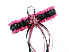 PLUS SIZE HOT PINK SILVER SWIRLS Black GARTER Rhinestones Wedding PROM Bridal