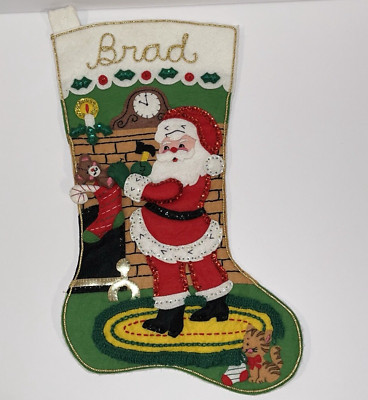 Bucilla Vtg Handmade Christmas Stocking Finished Hearthside Hanging 1980 Cat