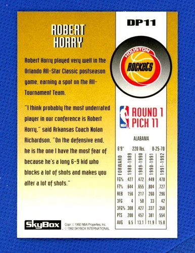 1992-93 SkyBox Draft Picks #DP11 Robert Horry Houston Rockets - Picture 2 of 2
