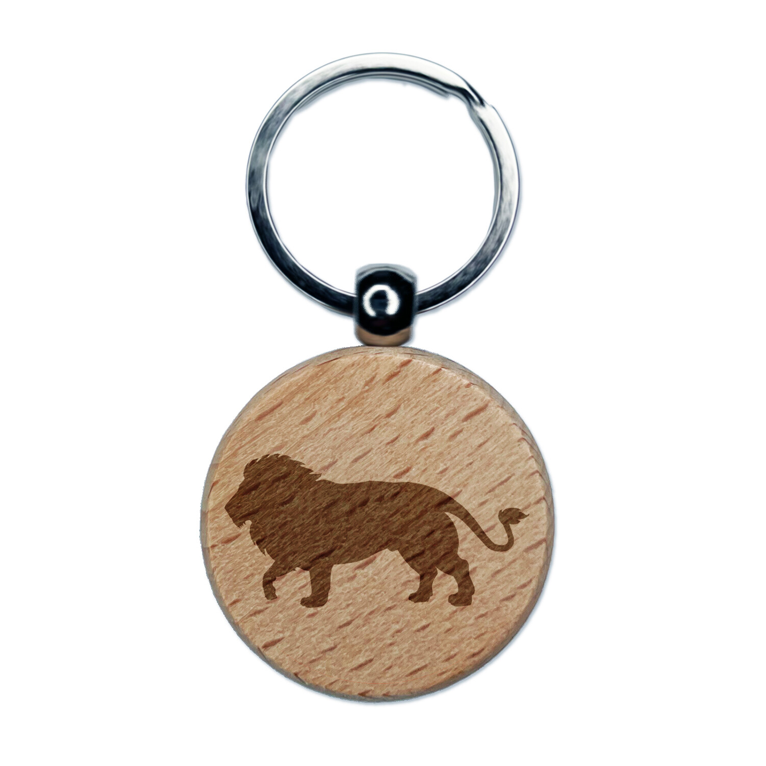 Lion Engraved Wooden Round Keychain Charm Tag  