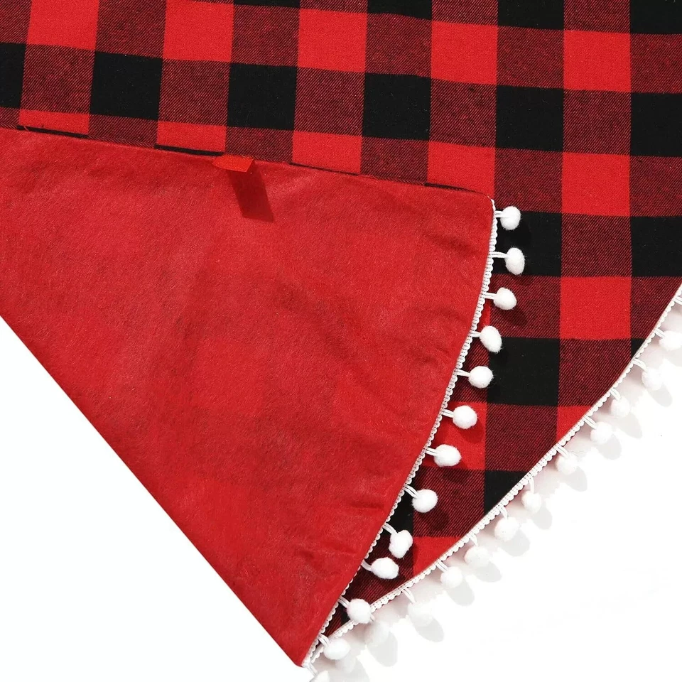 Christmas Tree Skirt 36 inch Round Buffalo Plaid with White Pom-poms Decorations - Image 4 of 4