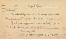 U.S. THE WHITNEY CHAIN & MFG CO. Hartford 1940 to Norton Co PrePaid Card Rf47659