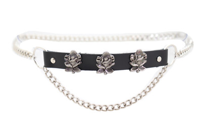 Women Silver Color Metal Chain Wave Belt Rose Flower Charms Size