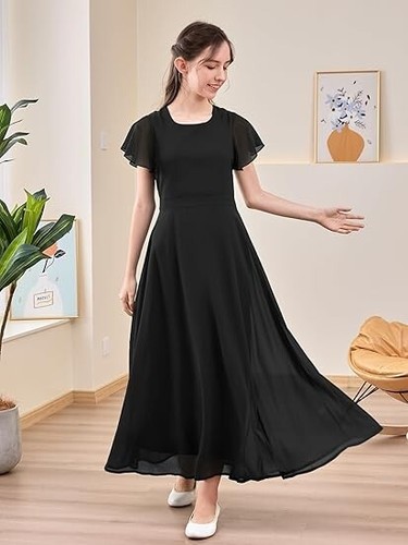 GORLYA Girls Scoop Neck Ruffle Sleeve Flowy Party Long Maxi Chiffon Dress 14Y - Picture 2 of 14