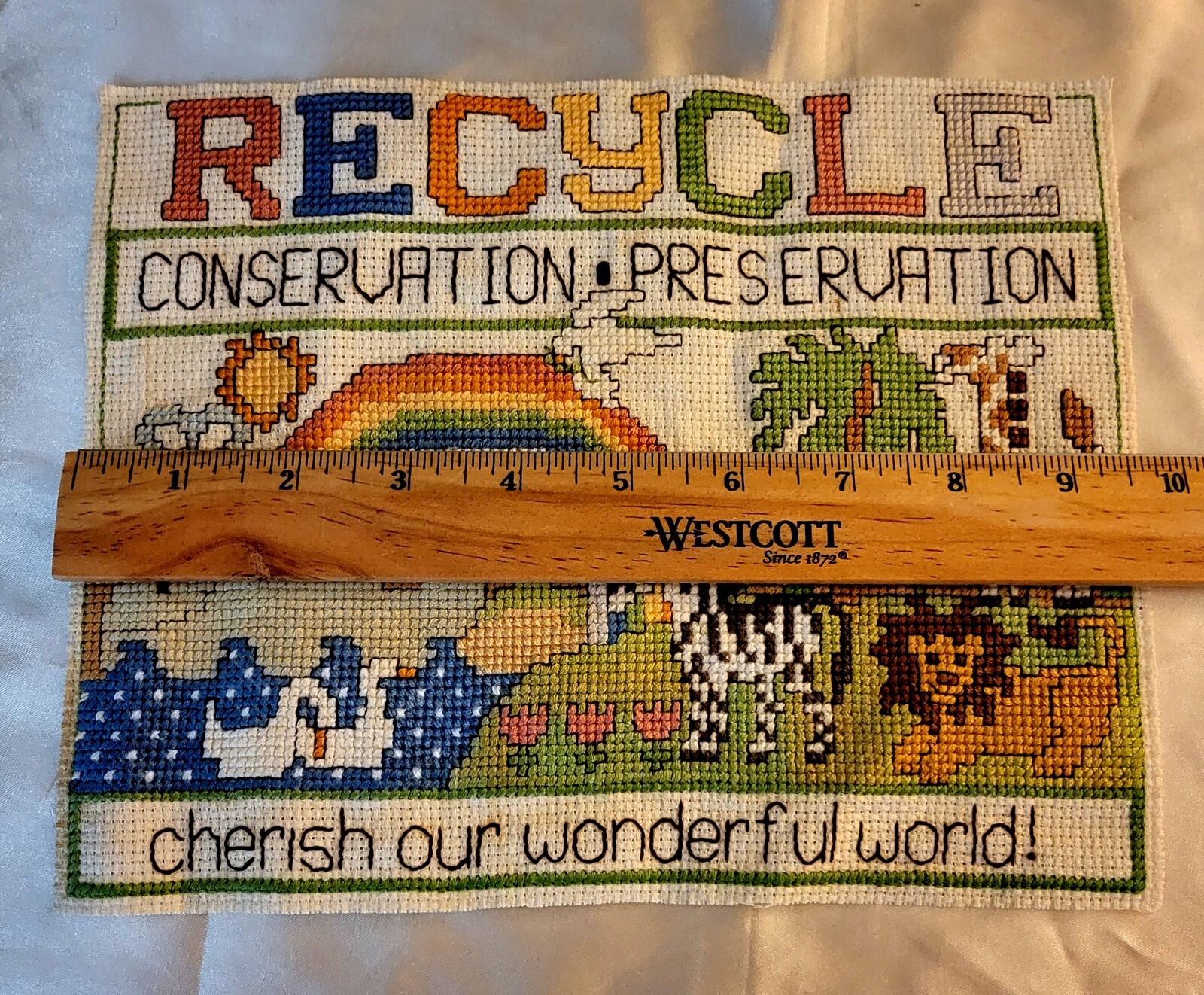 Janlynn Completed Counted Cross Stitch "Recycle Cherish Our World" 7.75