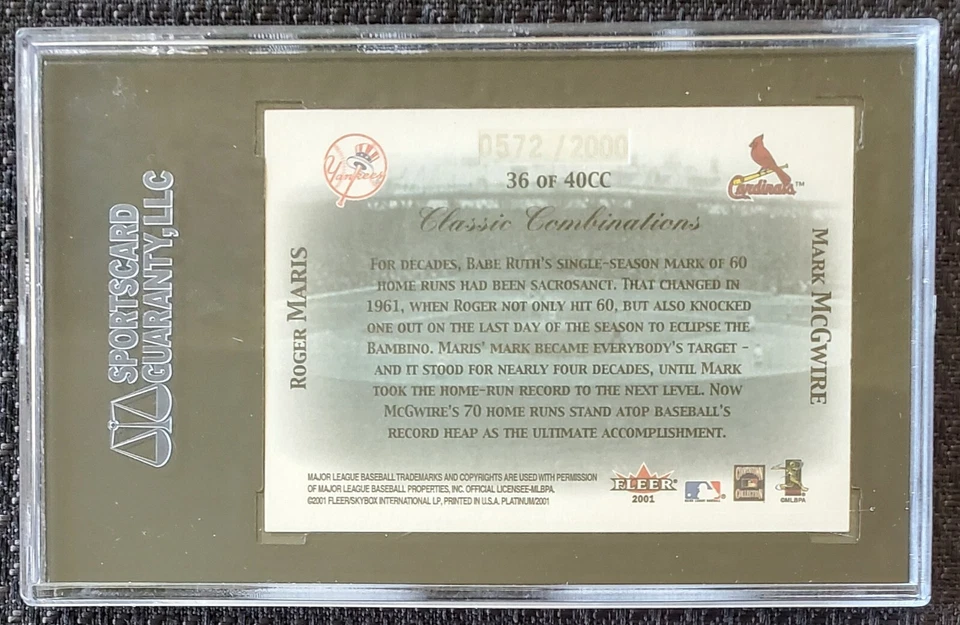 2001 Beckett 8.8 Roger Maris Yankees Mark McGwire Cardinals MLB Fleer Card #36 - Image 2 of 2