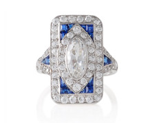 Rectangle Art Deco Design Old Mine Cut CZ  Blue Sapphire 1.95TCW Ring