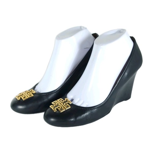Tory Burch Women’s Melinda US 8M Black Leather Logo Slip On Wedge Pumps Shoes