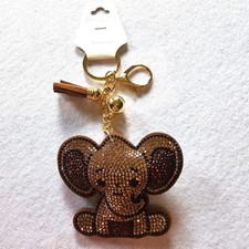 Brown Elephant Large Rhinestone Covered Puffy Keychain Or Bag Charm W Tassel