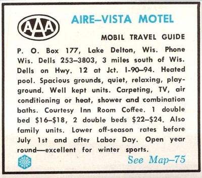 Aire-Vista Motel AAA Mobil Travel Guide Lake Delton WI c1970 WI Ad TAK5-S25