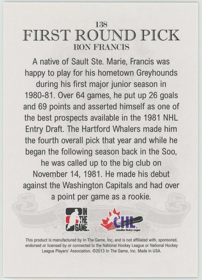 2012-13 In The Game Draft Ron Francis Emerald Parallel #/50 #138 - Image 2 of 2