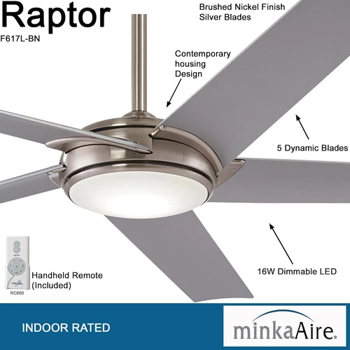 60" Raptor LED Ceiling Fan with DC Motor & 16W Light in Brushed Nickel Finish - Picture 2 of 8