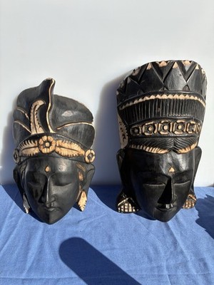 African King & Queen Wooden Mask Pair   Hand-Carved Tribal Wall Art Set