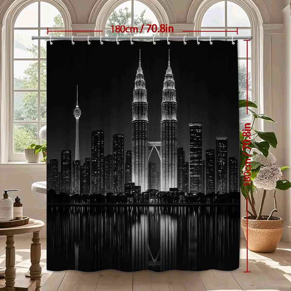 Elegante Cortina de Ducha Blanco y Negro con Diseño de Paisaje Urbano Foto 3 de 4