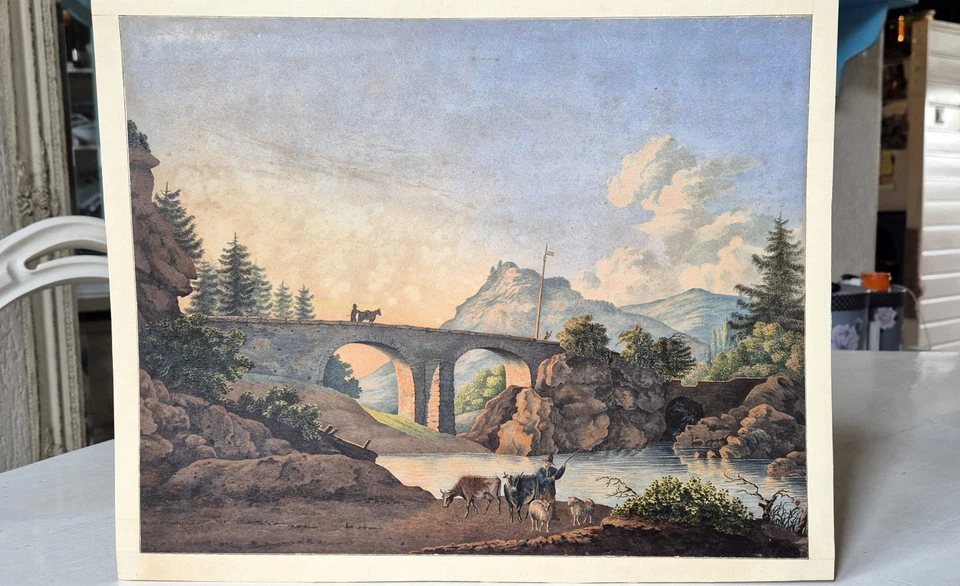 Anónimo - Dibujo gouache, siglo XIX. Romántico paisaje suizo... Foto 2 de 4