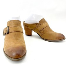 Vionic Cheyenne Leather Mules Womens 8 Tan Buckle Block Heel Orthotic Slip On