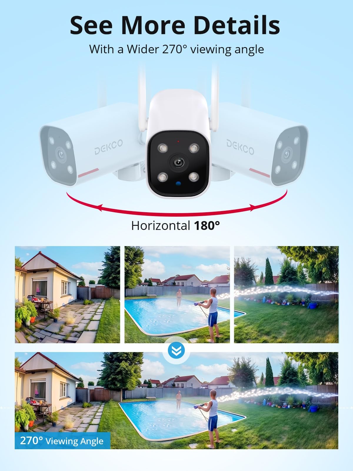 DEKCO 2K WiFi Security Camera Outdoor 180&deg; Pan Color Night Vision 24/7 Recording