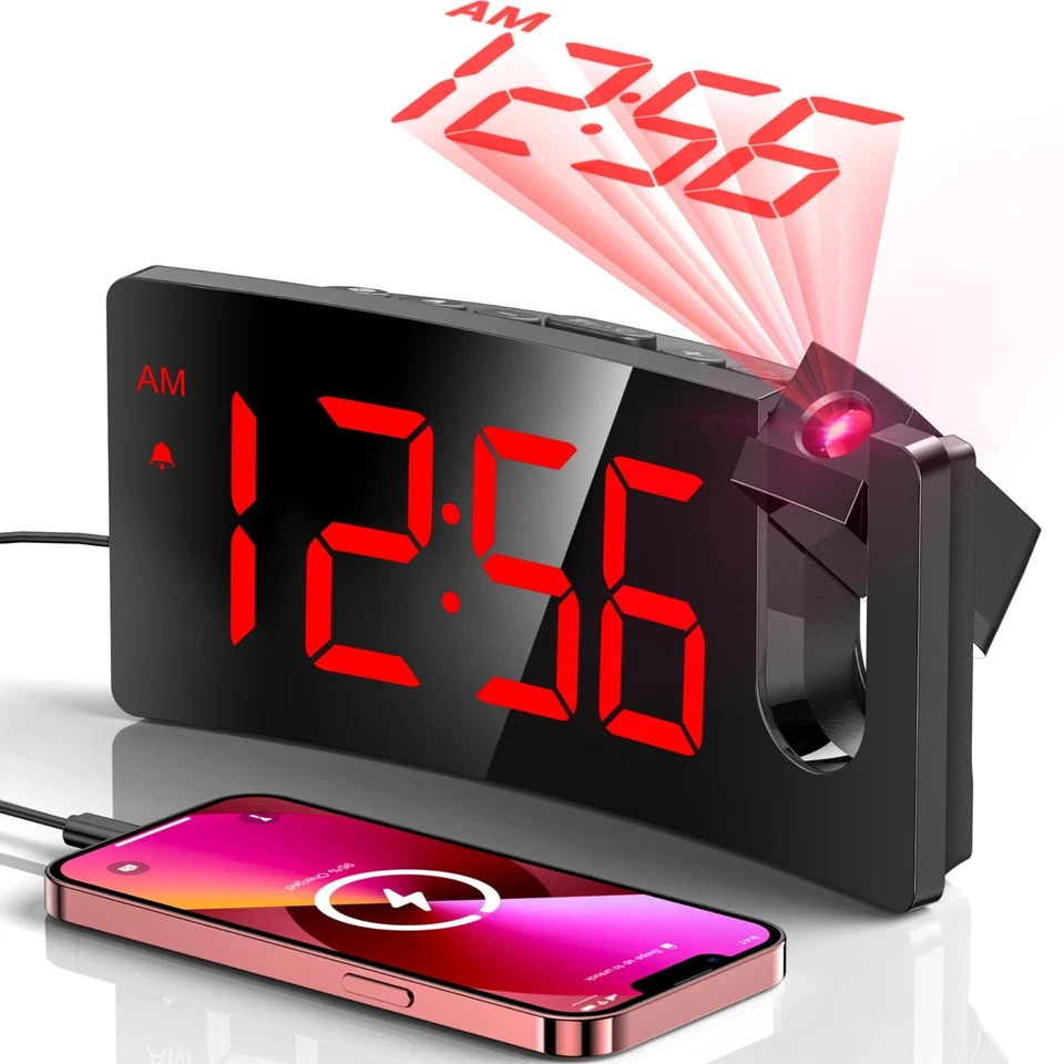 Projection Alarm Clock, 180° Rotatable Projector, LED Display, Snooze, Dimmer - Image 2 of 4