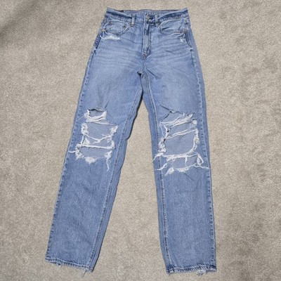 American Eagle AE 90s Mom Jeans High Rise Light Wash Blue Distressed 5-Pocket