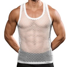 Mens Mesh Fishnet Tank Tops Fitted Sleeveless Night Club Style Muscle Top Sum...