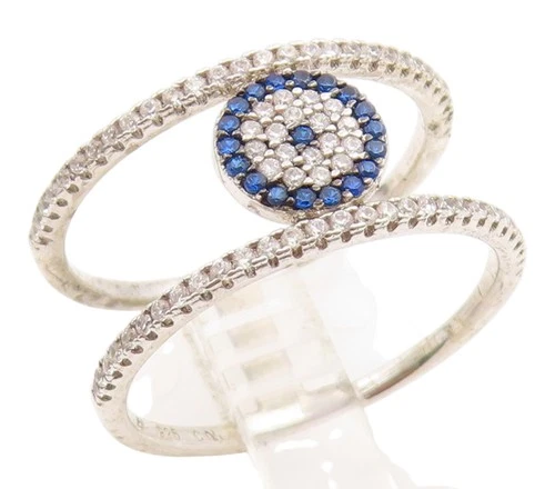 925 Sterling Silver Vintage Ring Blue & White CZ Evil Eye Band  Sz 8.5  RG35571