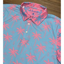 Chubbies The Electric Slide Performance Polo Shirt Blue/Pink Palm Tree Men Sz S