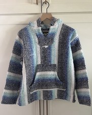 Baja Joe Mexican Poncho Hoodie Pullover Black/White/Blue Hippie Boho, Size S
