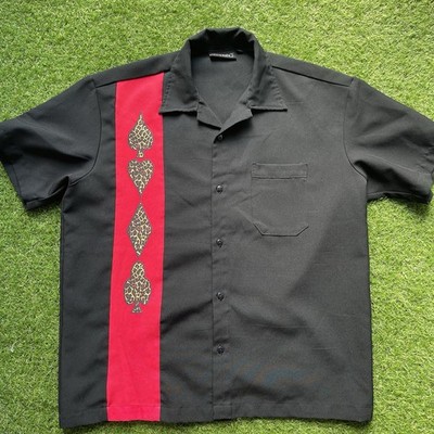 Vtg 90 s Steady Last Call Clothing Bowling Leopard Print Card Button Up Shirt L